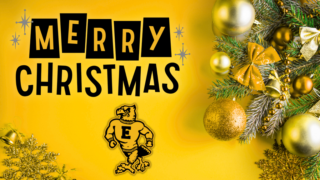 Festive yellow graphic with "Merry Christmas" text, gold ornaments, and a muscular eagle mascot wearing an "E" sweater.