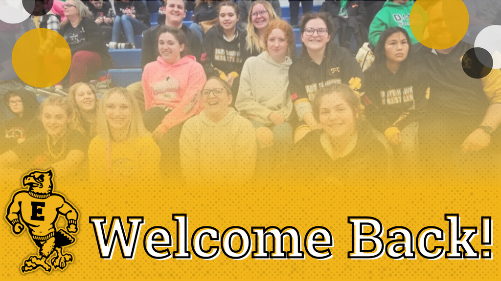 Group of smiling students seated in bleachers with “Welcome Back!” text and a yellow eagle mascot on a gold background overlay.