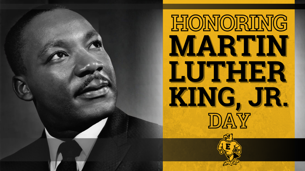 Black and white portrait of Dr. Martin Luther King, Jr. beside bold yellow and black text that reads “Honoring Martin Luther King, Jr. Day,” with the Emmetsburg logo at the bottom.