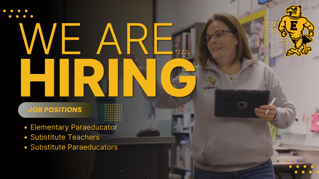 Emmetsburg is hiring for elementary paraeducator, substitute teacher, and substitute paraeducator positions, featuring a teacher holding a tablet and stylus in a classroom.
