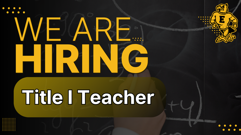 We are hiring a Title I Teacher, shared by Emmetsburg Community School District with a chalkboard-themed background.