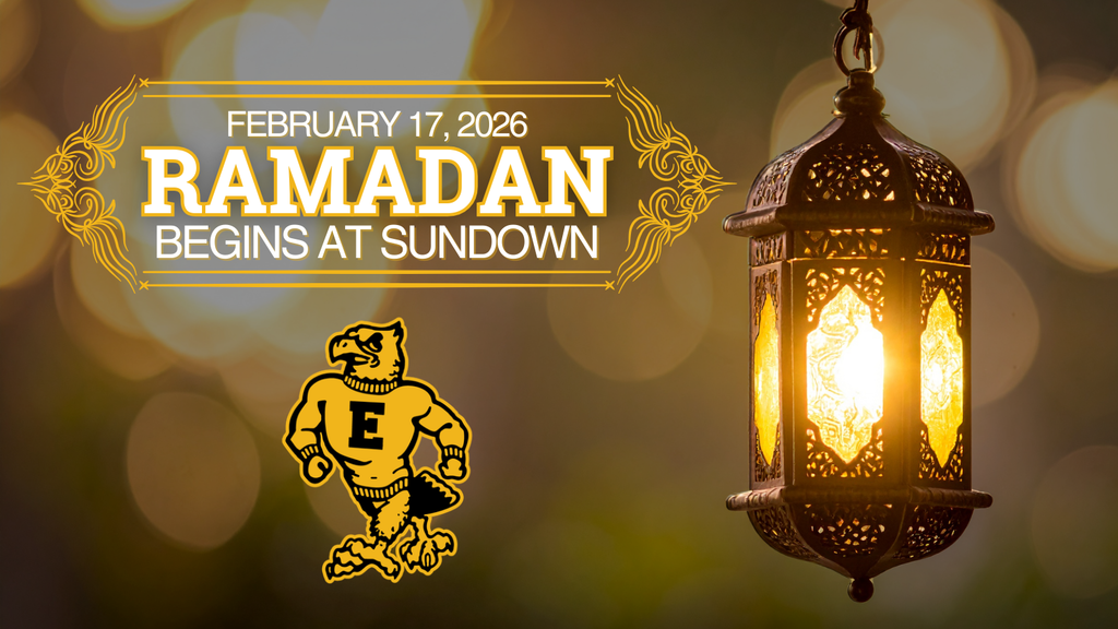 Gold design reads “February 17, 2026 Ramadan Begins at Sundown,” beside a glowing lantern and school hawk mascot.