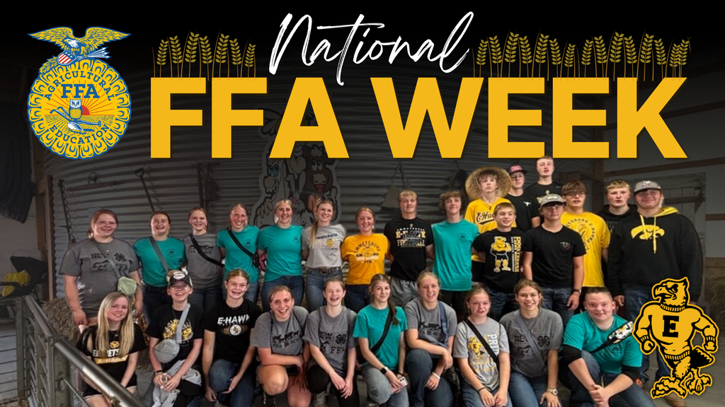 Large text reads “National FFA Week” above a group of students in FFA shirts posing together, with FFA emblem and school mascot logos displayed.