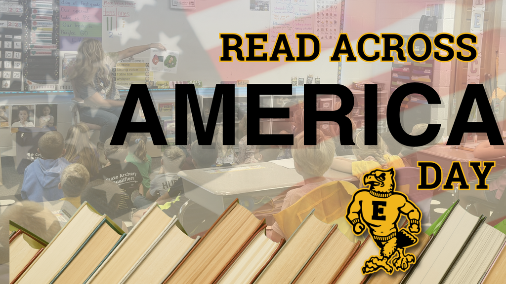 Read Across America Day design with classroom scene faded behind bold black and gold text and stacked books along the bottom.