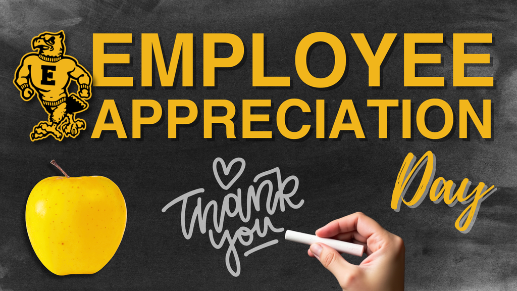 Employee Appreciation Day design with bold gold text on chalkboard background, apple, and “Thank you” written in chalk.