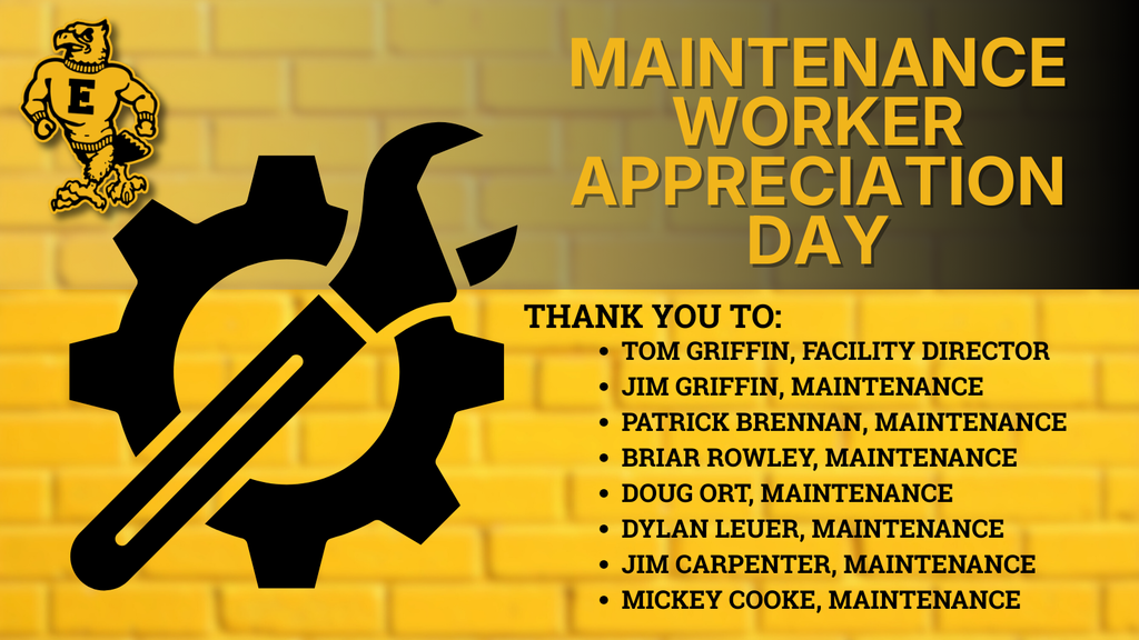 Maintenance Worker Appreciation Day design with gold text on yellow brick background and wrench icon, listing staff names.