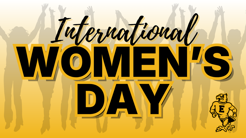 International Women’s Day design with bold black and gold text over silhouettes of women raising their hands in celebration.
