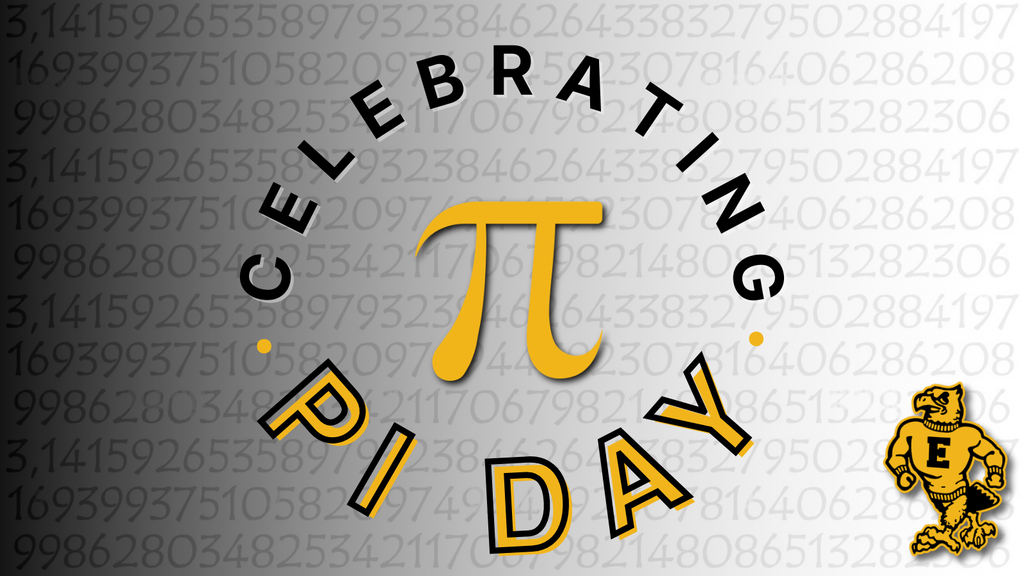 Pi Day celebration announcement with the pi symbol centered and the words “Celebrating Pi Day” arranged around it over a background of the digits of pi.