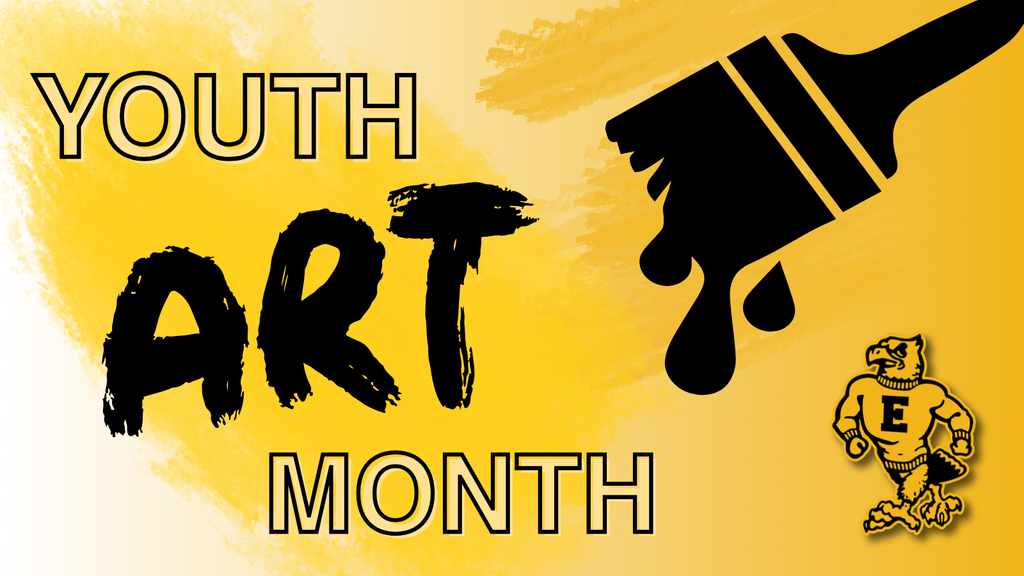 Yellow background design with the words “Youth Art Month,” a black paintbrush dripping paint, and the Emmetsburg logo in the corner.