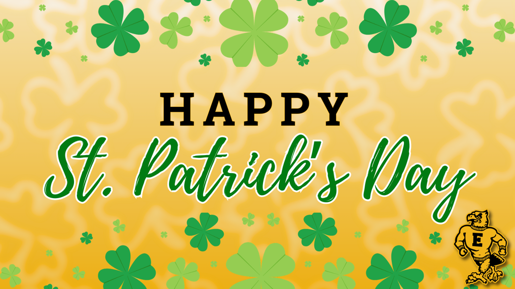 Yellow background with green shamrocks and the text “Happy St. Patrick’s Day,” along with the Emmetsburg logo in the corner.