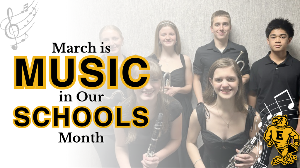 Design with the text “March is Music in Our Schools Month” beside a group of students holding band instruments, with music note graphics and the Emmetsburg logo.