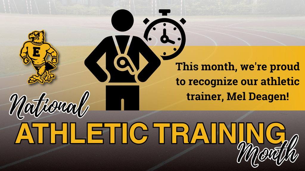 National Athletic Training Month message over a track background, highlighting athletic trainer Mel Deagen with whistle and stopwatch icons.