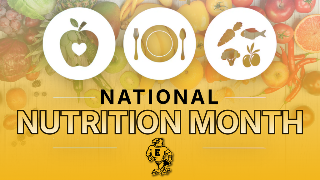 National Nutrition Month message over a background of fruits and vegetables, with icons of healthy foods and dining symbols.