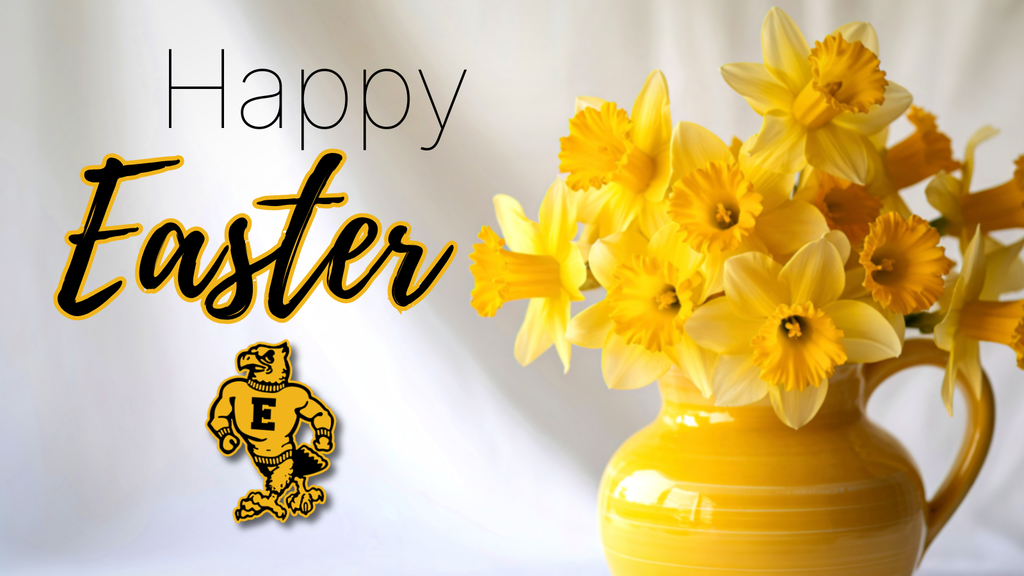 “Happy Easter” text beside a yellow pitcher filled with bright yellow daffodils on a soft white background.