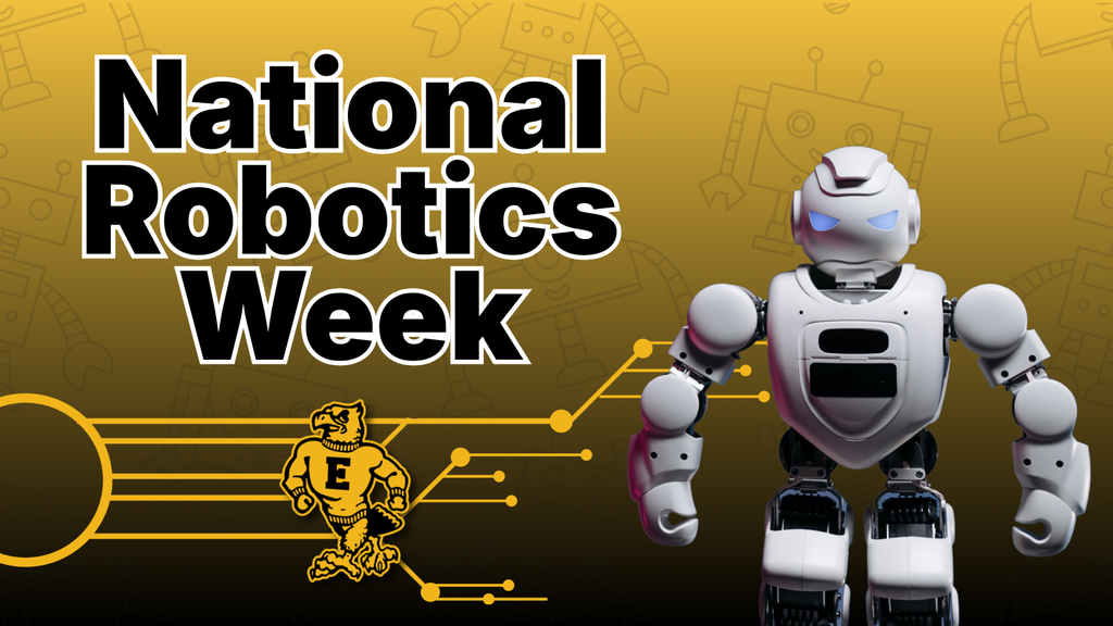 “National Robotics Week” text beside a futuristic robot on a gold background with circuit lines and a school mascot icon.