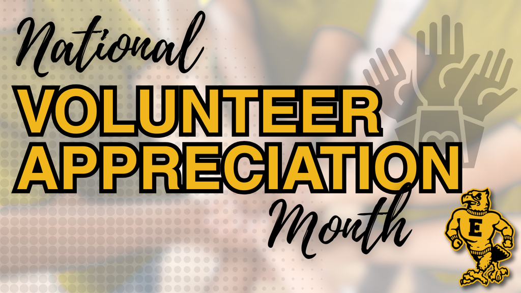 “National Volunteer Appreciation Month” text in bold yellow and black, with raised hands illustration and a school mascot logo on a soft patterned background.