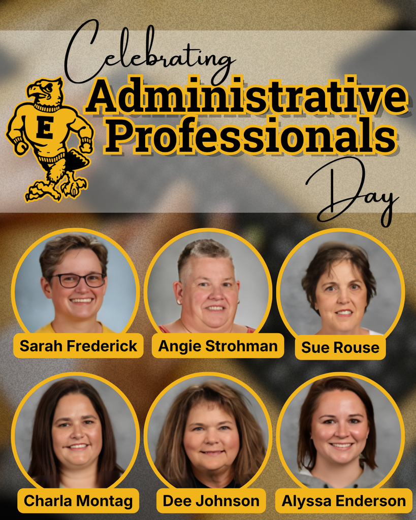 Administrative Professionals Day design featuring six staff headshots with names on a gold and gray background.