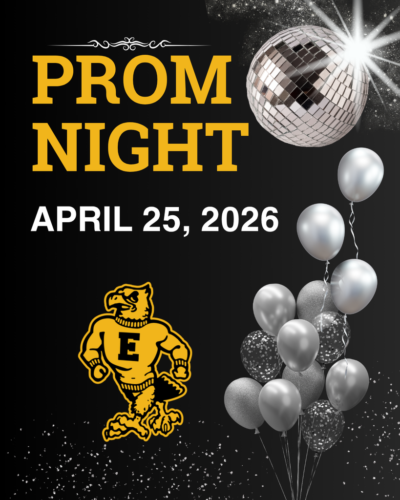 Prom Night announcement with gold text on black, disco ball and silver balloons, dated April 25, 2026, with school mascot logo.