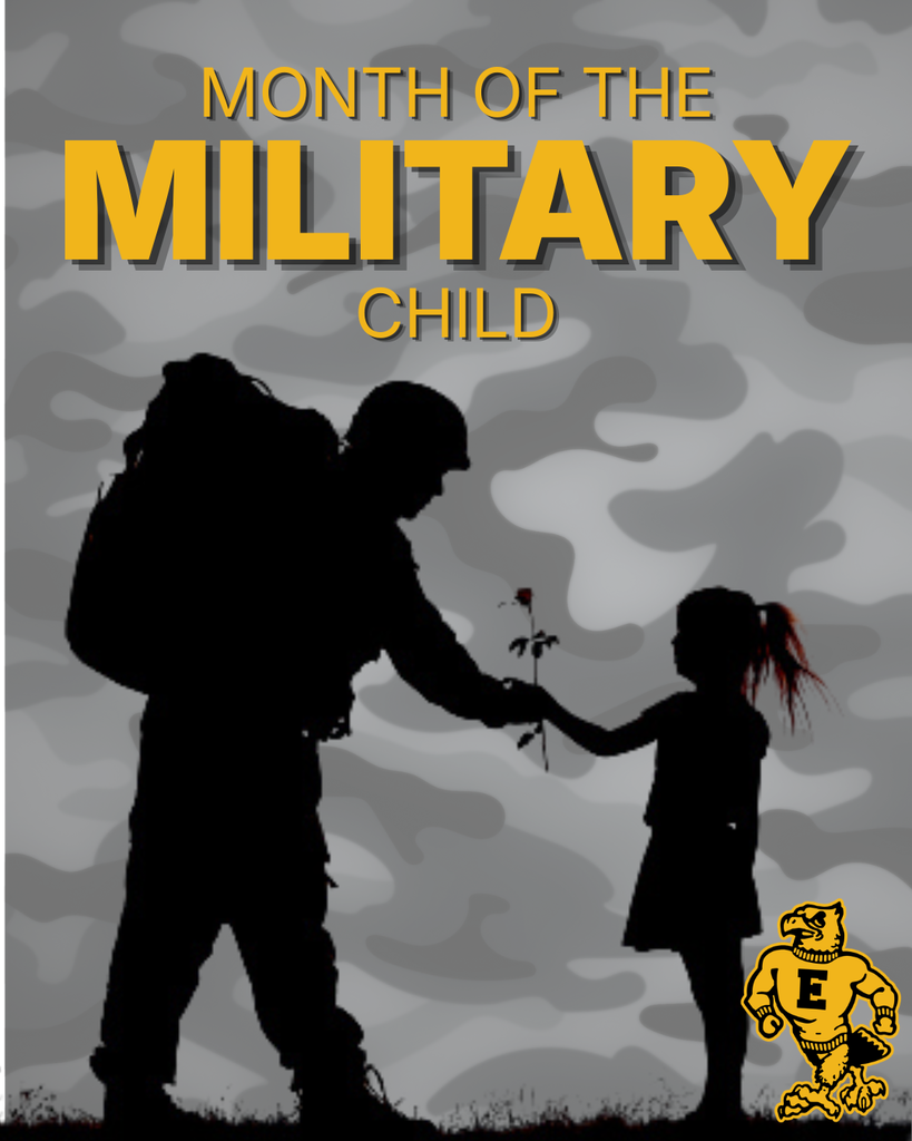 “Month of the Military Child” text over gray camouflage background with silhouette of a soldier handing a flower to a child, school mascot in corner.