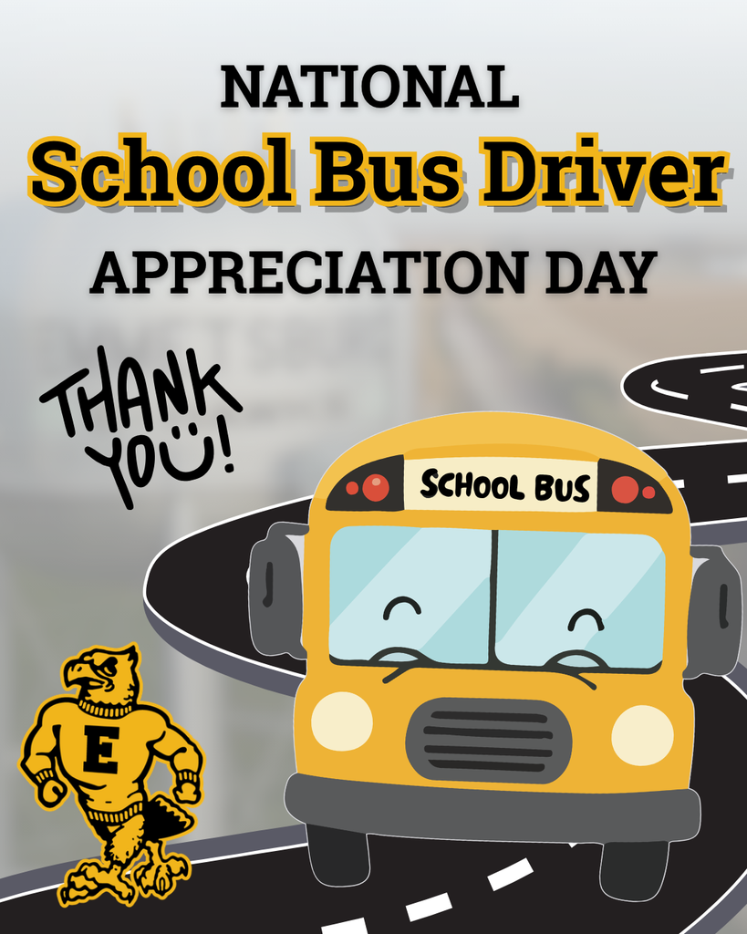 “National School Bus Driver Appreciation Day” with thank-you message, cartoon school bus on winding road, and school mascot in corner.