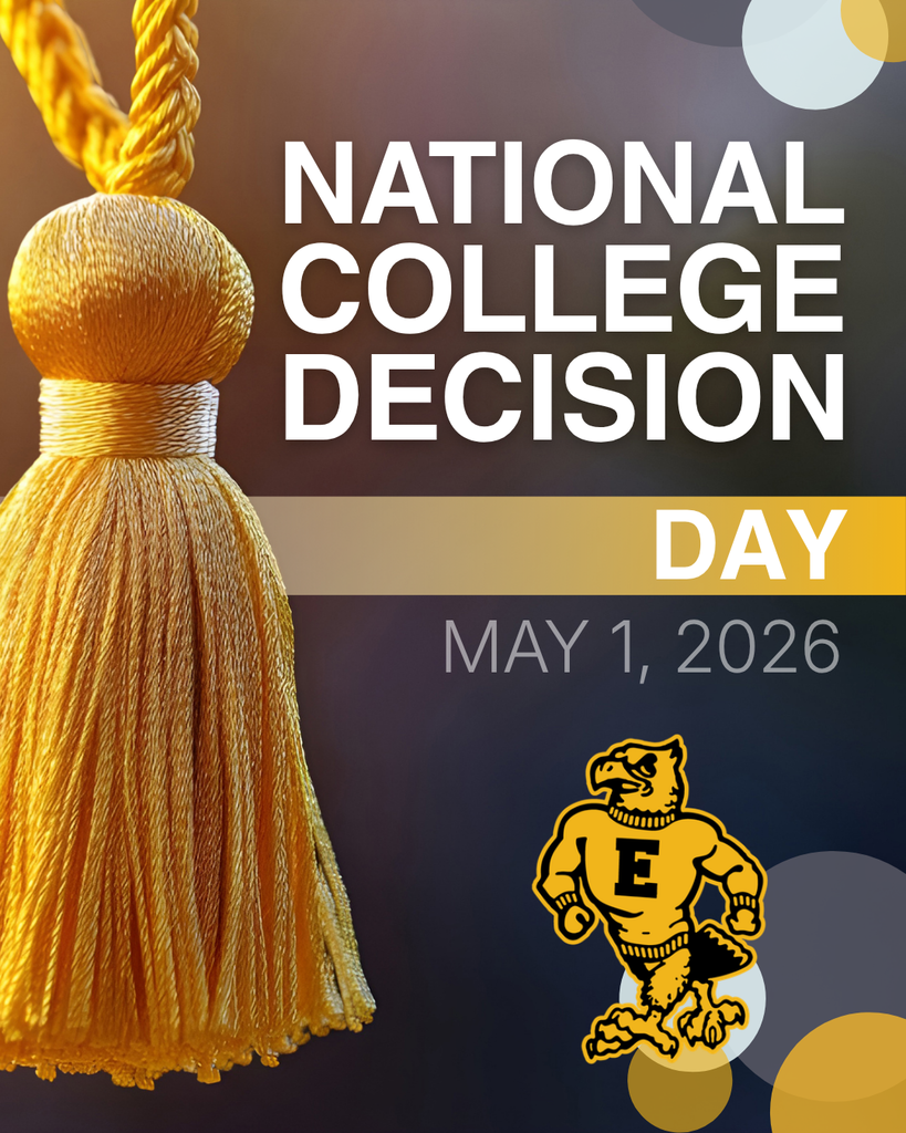 “National College Decision Day, May 1, 2026” with gold graduation tassel, dark gradient background, and school mascot at bottom.