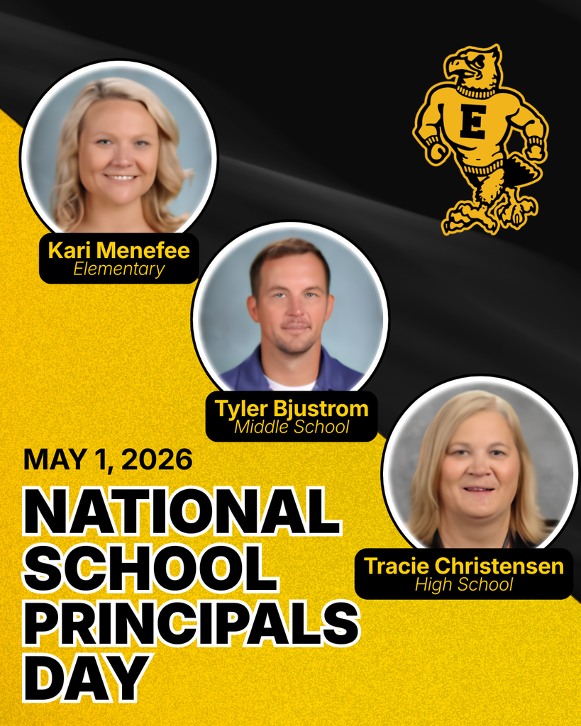 “National School Principals Day, May 1, 2026” with portraits of Kari Menefee (Elementary), Tyler Bjustrom (Middle School), and Tracie Christensen (High School), plus school mascot.