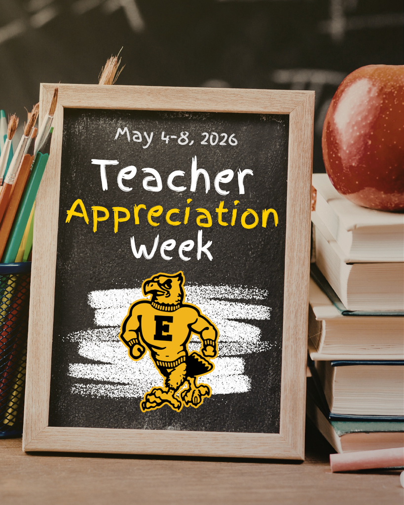 Chalkboard sign reads “Teacher Appreciation Week, May 4–8, 2026,” with school mascot, beside stacked books, apple, and pencils.