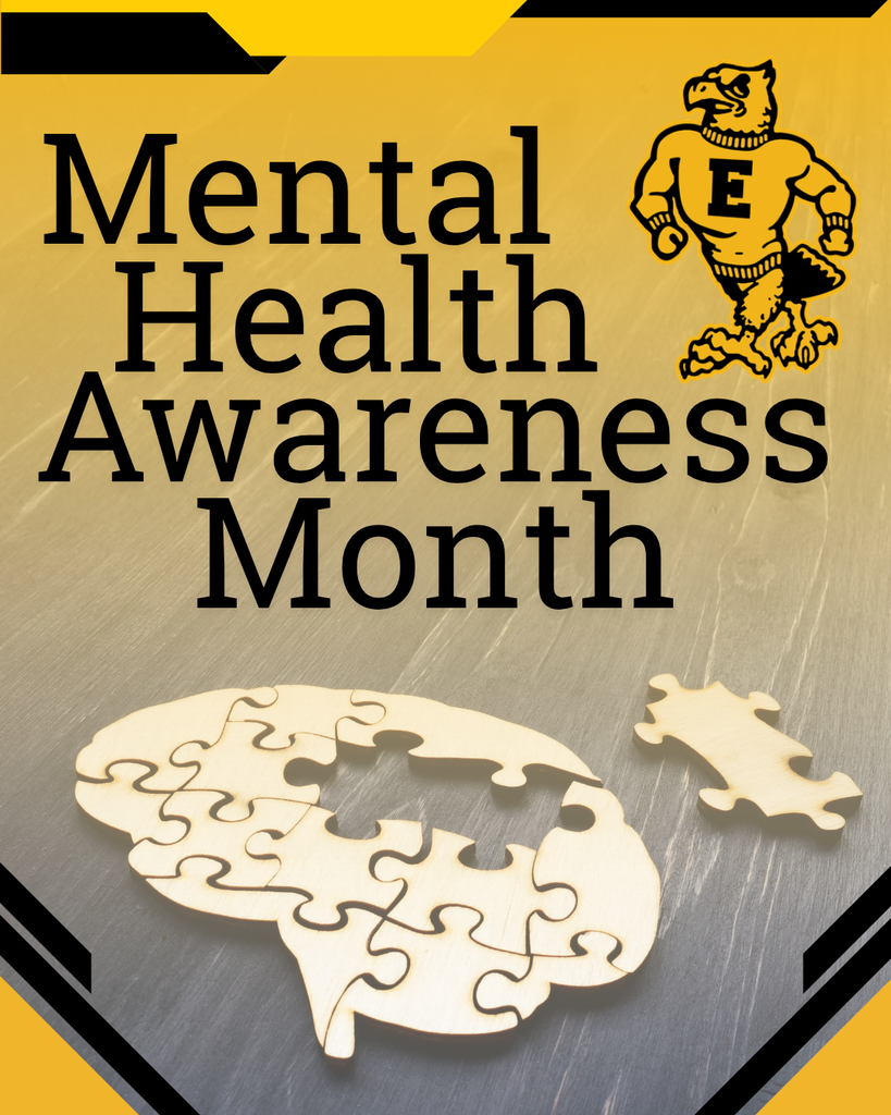 Text reads “Mental Health Awareness Month” with a yellow school mascot above a wooden brain puzzle missing one piece.