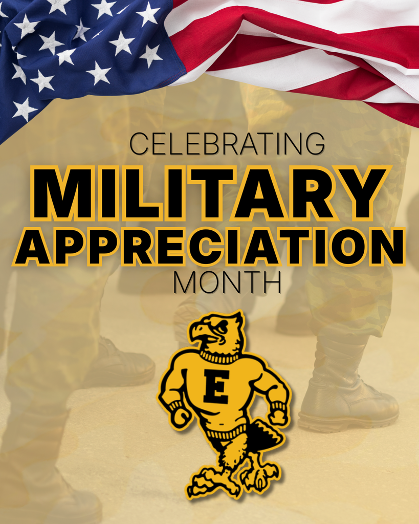 Text reads “Celebrating Military Appreciation Month” over a faded image of soldiers’ boots, with a U.S. flag above and a yellow school mascot below.