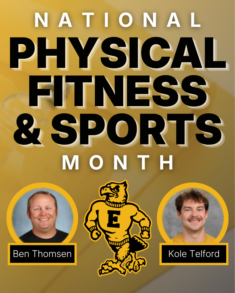 National Physical Fitness and Sports Month featuring Ben Thomsen and Kole Telford with school mascot logo.