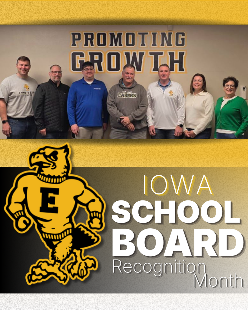 Iowa School Board Recognition Month with group photo of board members and school mascot logo.