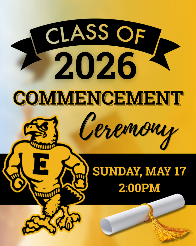 Class of 2026 commencement ceremony Sunday, May 17 at 2 PM with school mascot and diploma illustration.