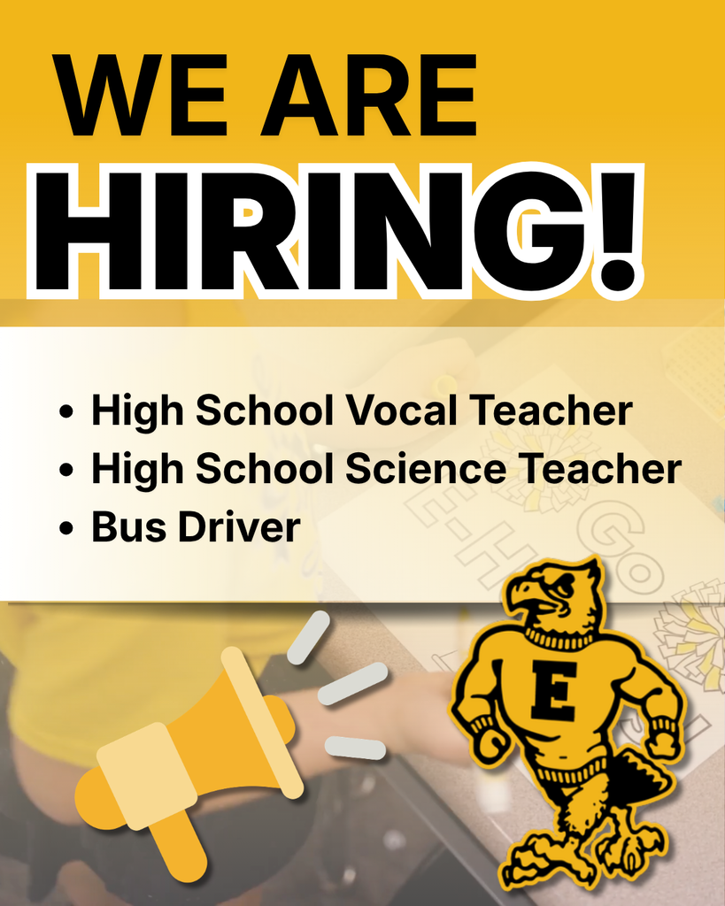 “We Are Hiring!” with openings for high school vocal teacher, high school science teacher, and bus driver.