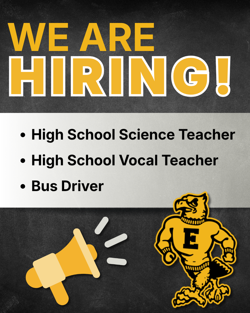 Black and gold “We Are Hiring!” graphic listing openings for a high school science teacher, vocal teacher, and bus driver.