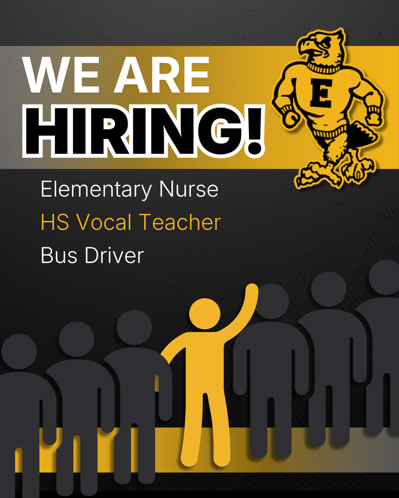 “We Are Hiring” graphic featuring a school mascot and openings for Elementary Nurse, High School Vocal Teacher, and Bus Driver positions.