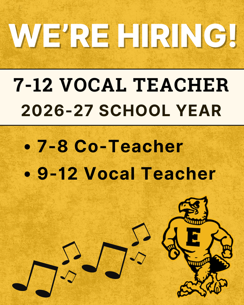 “We’re Hiring!” graphic announcing openings for the 2026–27 school year: 7–8 Co-Teacher and 9–12 Vocal Teacher positions, with musical notes and a school mascot.