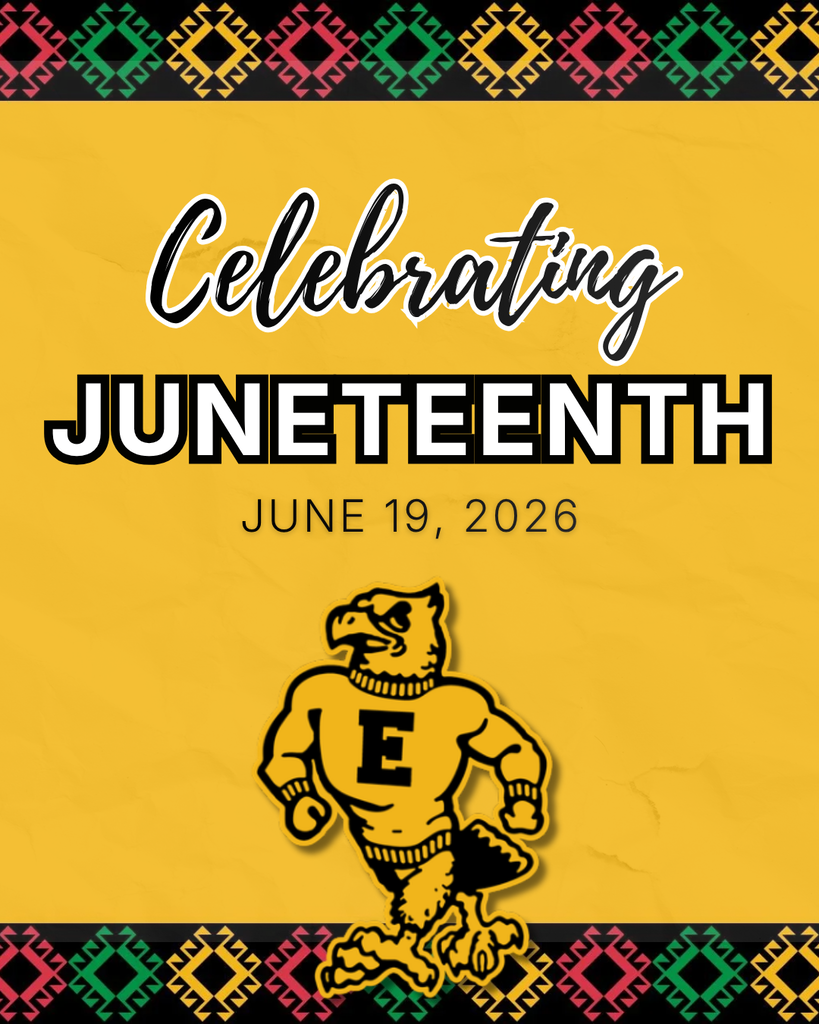 Celebrating Juneteenth on June 19, 2026, with a colorful African-inspired border and an eagle mascot on a gold background.