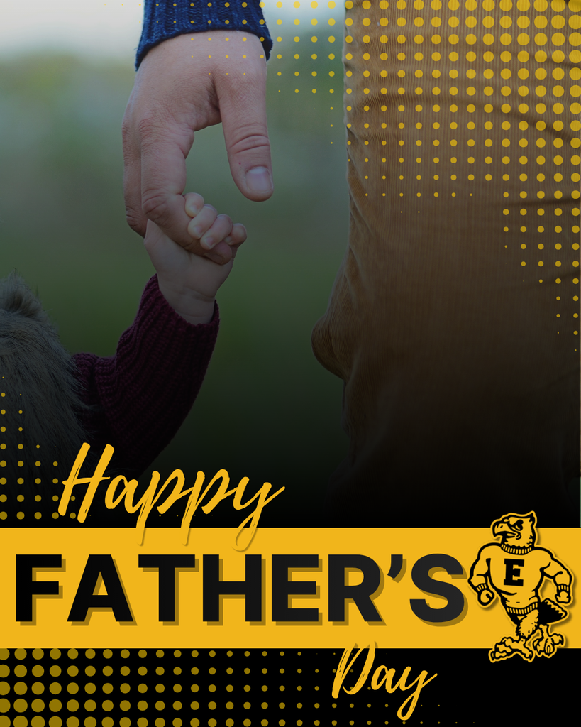 Happy Father’s Day message featuring a child holding an adult’s hand, with the school mascot and black-and-gold accents.