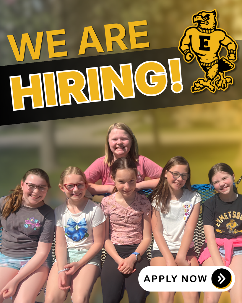 "We Are Hiring" graphic featuring five smiling students outdoors with an Apply Now button and school mascot logo.