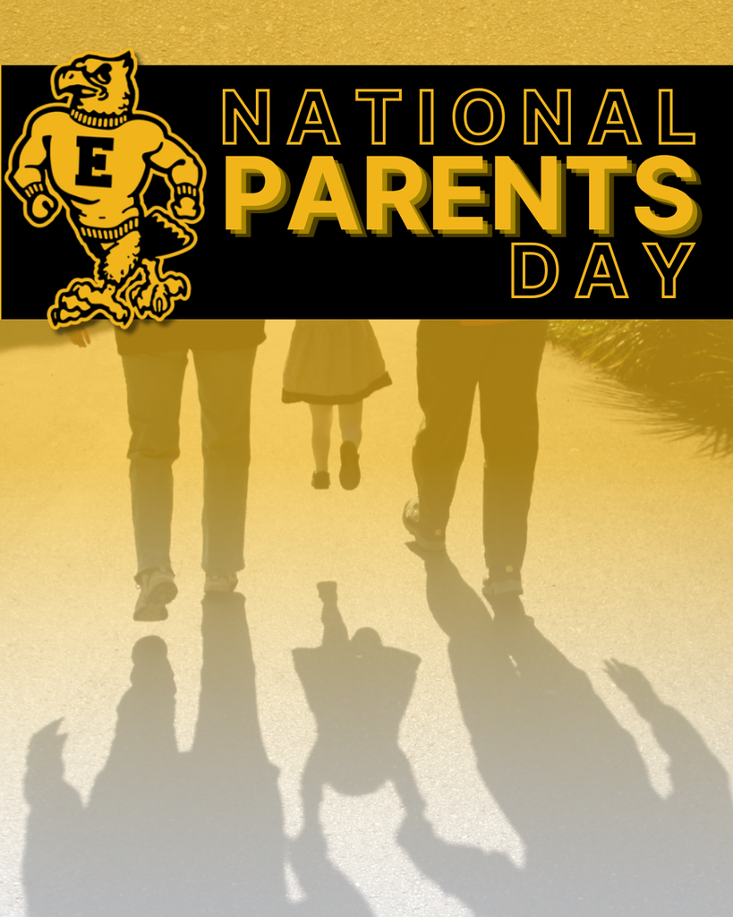 National Parents Day announcement featuring the Emmetsburg mascot above a photo of parents and a child walking together, with their shadows stretching across a sunlit path.