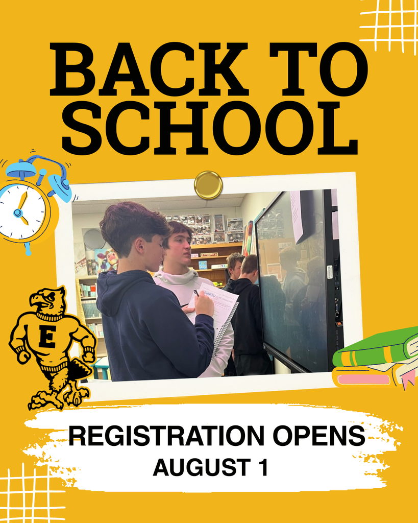 Emmetsburg CSD Back to School promotion stating registration opens August 1 and showcasing two students working together at the board.