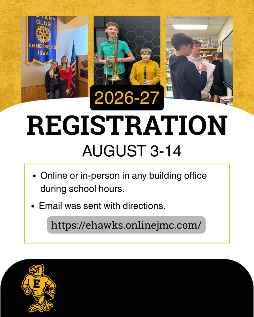 Emmetsburg CSD 2026–27 registration is August 3–14, available online or in person at any building office during school hours.