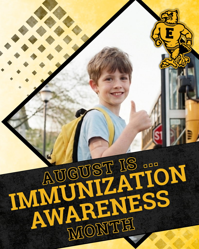August is Immunization Awareness Month, featuring a smiling student with a backpack giving a thumbs-up beside a school bus.