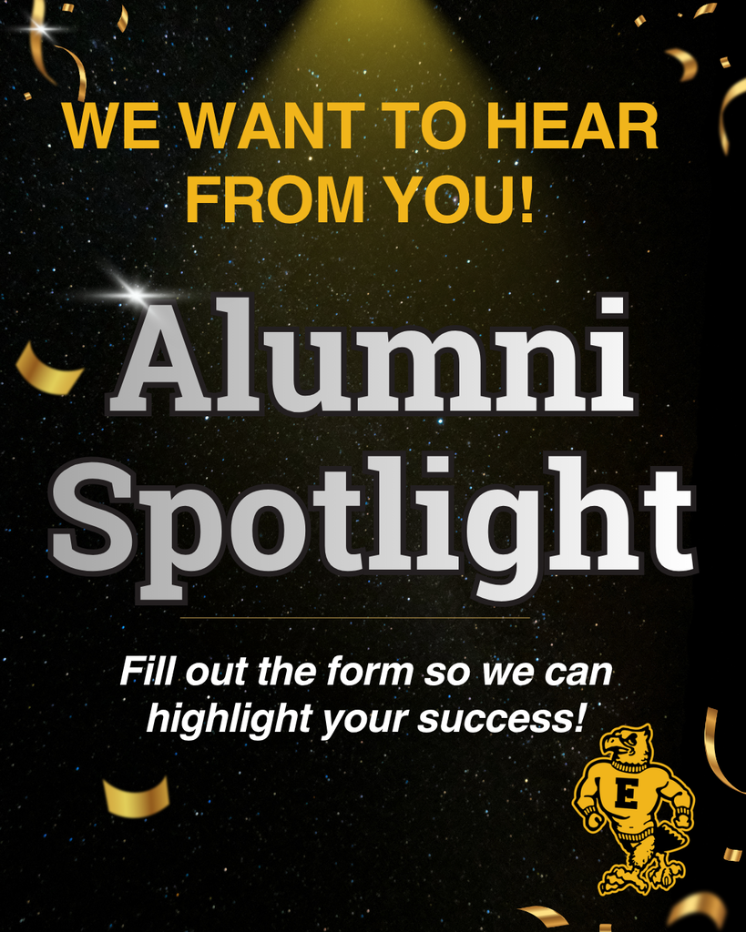 Alumni Spotlight graphic invites former students to submit a form so their successes can be highlighted.