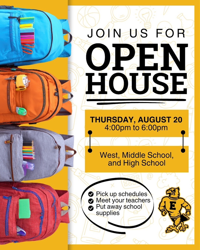 Open House flyer for West, Middle, and High School on Thursday, August 20, from 4–6 p.m., featuring colorful backpacks.