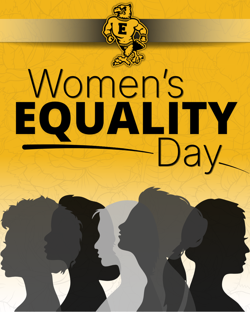Graphic celebrating Women’s Equality Day with black-and-gray silhouettes of women on a gold background and a school mascot.