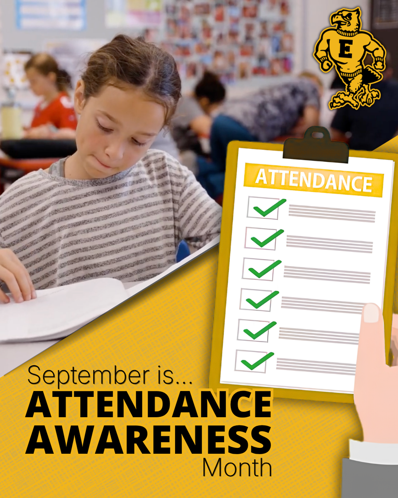 Student works at a desk beside an attendance checklist with text reading, “September is Attendance Awareness Month.”