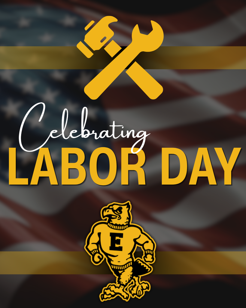 “Celebrating Labor Day” in gold and white over an American flag, with crossed tools and the Emmetsburg logo.