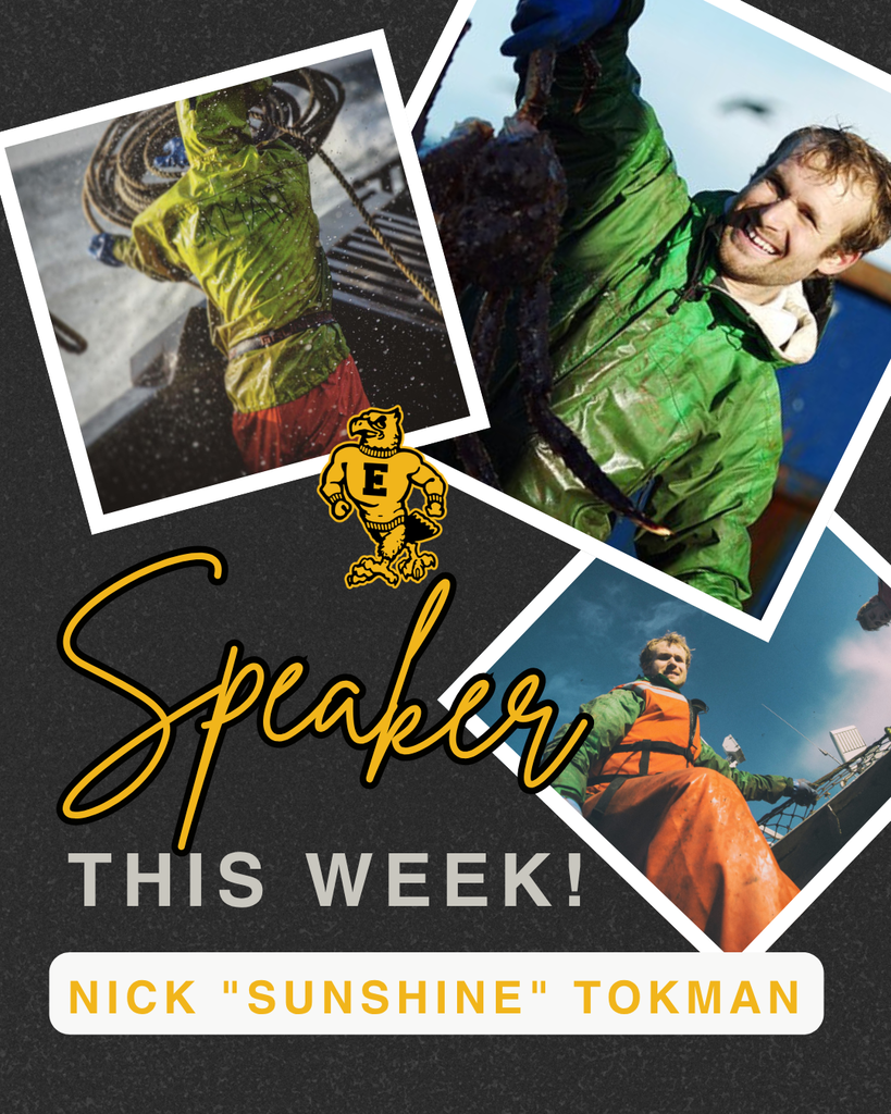 Speaker this week: Nick “Sunshine” Tokman, shown working aboard a fishing vessel in green rain gear and an orange apron.