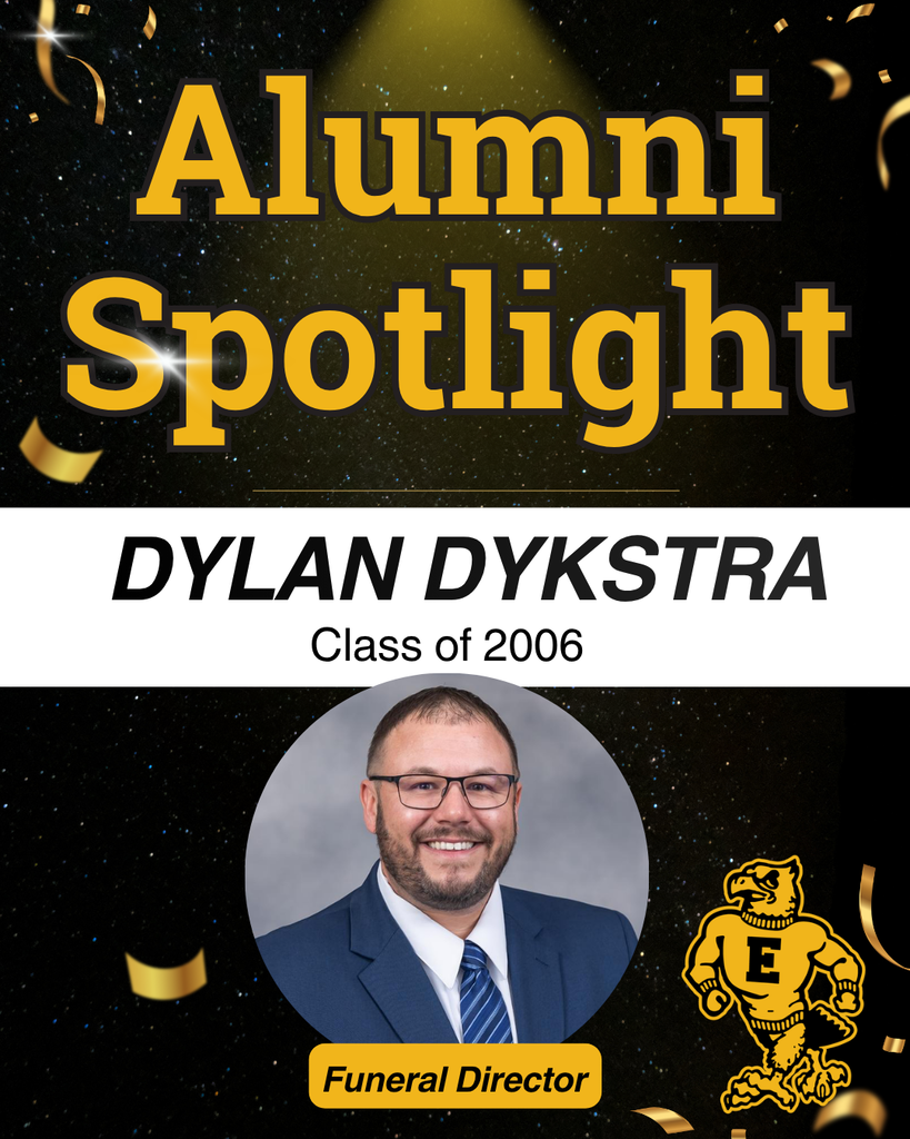 Alumni Spotlight honors Dylan Dykstra, Class of 2006, a funeral director, with his portrait and school mascot.
